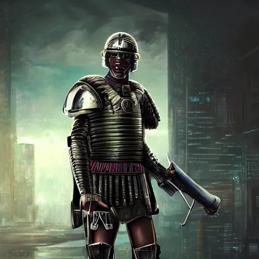 Prompt: portrait of a roman soldier wearing armor, cyberpunk rifle at his side, cinematic, painting