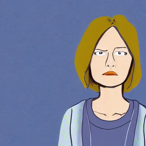 Image similar to portrait of lena headey as amelia from infinity train wearing a grey jumper and blue jeans, art by owen dennis,