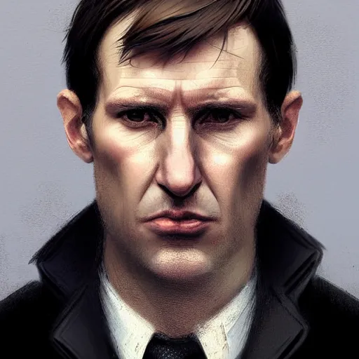 Image similar to Portrait of a man by Greg Rutkowski, he is about 40 years old, mixture between russian and irish, side parted combover brown hair, attractive, NARROW very very very very sharp face ANGULAR hawkish facial features, hooked nose , extremely pale white skin, smart looking, he is wearing a black trenchcoat, highly detailed portrait, scifi, digital painting, artstation, concept art, smooth, sharp foccus ilustration, Artstation HQ