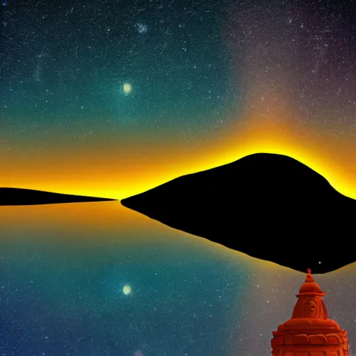 Image similar to Film still of silhouette of indian statue, sukhasana, starry sky with flying saucer, ufo, ufo, ufo, with radiating hill, full shot