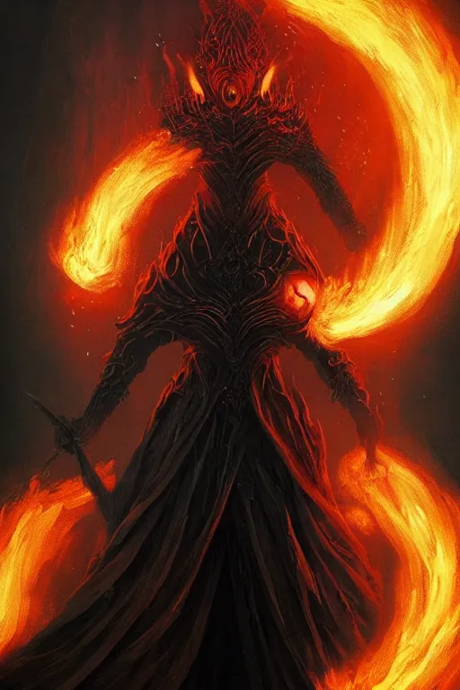 Image similar to Black Orb of Fire, digital art, fantasy, magic, trending on artstation, illustration by Seb McKinnon and Peter Mohrbacher, ultra detailed, atmospheric, powerful presence, bossfight, darksouls, grand finale, explosive entrance, final battle, cutscene, cinematic lighting, beautiful goddess, unleashing the power of the flame, burning pulse, close-up