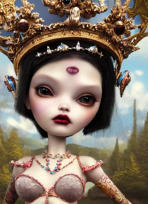 Image similar to highly detailed closeup, profile portrait of a tin toy goth fairytale princess wearing a crown, bikini, unreal engine, nicoletta ceccoli, mark ryden, earl norem, lostfish, global illumination, detailed and intricate environment