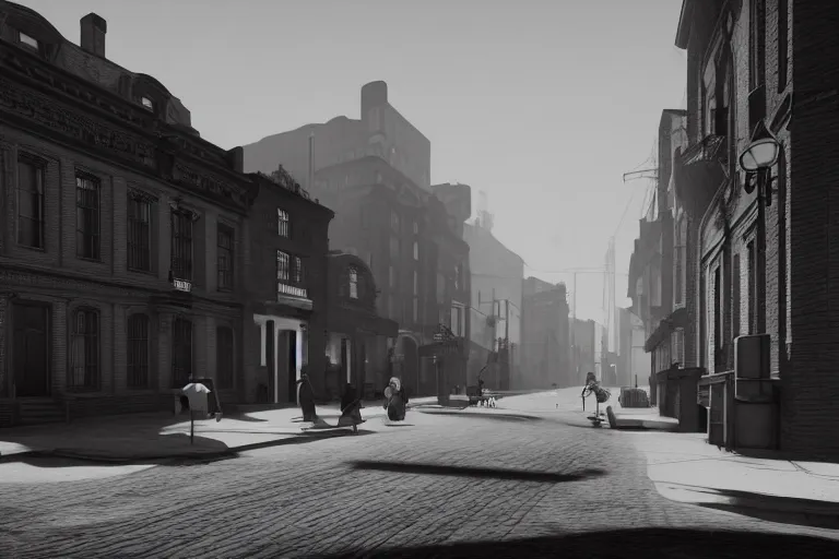 Prompt: still photo of a 1 9 0 0 s street, film noir, black and white color aesthetic, highly detailed, photorealistic portrait, bright studio setting, studio lighting, crisp quality and light reflections, unreal engine 5 quality render