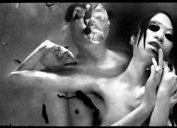 Image similar to a surreal love scene from a feature film by wong kar - wai, alejandro jodorowsky, roger ballen and nobuyoshi araki : : pagan occultism, magick ritual, butoh : : close - up shot, exquisite lighting setup : : anamorphic lens, kodakchrome : : 8 k