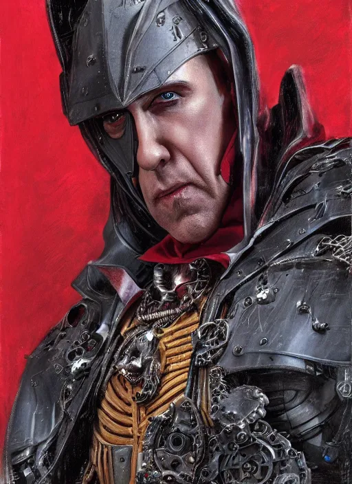 Image similar to portrait of rotten Nicolas Cage as adeptus mechanicus in red hood and robe from Warhammer 40000. Highly detailed, artstation, illustration by and John Blanche and zdislav beksinski and wayne barlowe