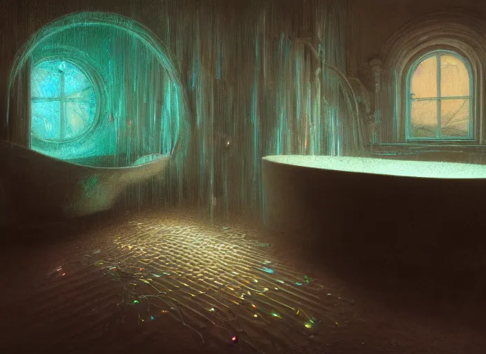 Image similar to A bathtub full of water, neon, RGB, glowing wires everywhere, decay, by Edgar Maxence and Ross Tran, Zdzisław Beksiński, and Michael Whelan, distant, gustav dore, H.R. Giger, 8k, octane render