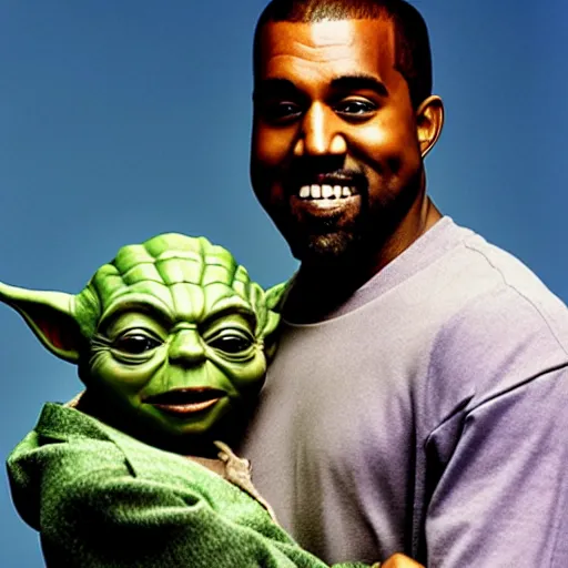 Image similar to kanye west smiling and holding yoda yoda for a 1 9 9 0 s sitcom tv show, studio photograph, portrait