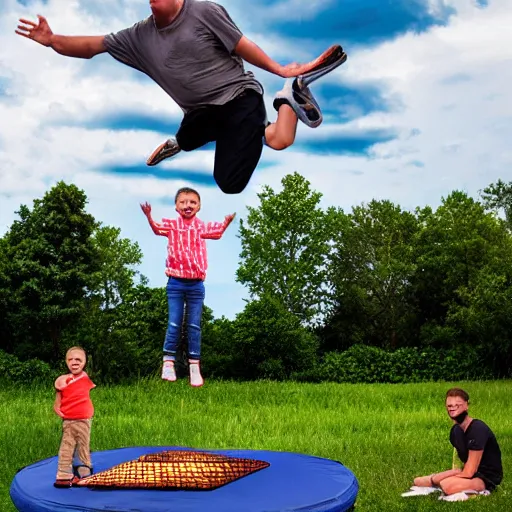 Image similar to two white dads standing by a grill in the suburbs, kid in the background jumping on a trampoline, stormy sky, 4 k,