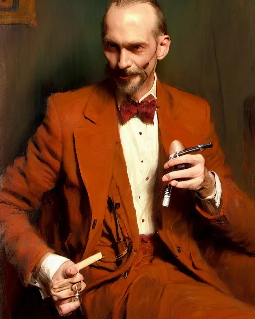 Prompt: handsome gaunt man with receding hair, in a smoking jacket, holding a pipe, warm colors, hard angles, painting by gaston bussiere, craig mullins, j. c. leyendecker