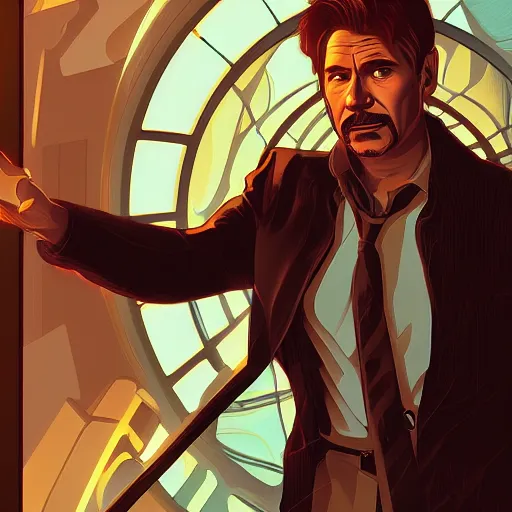 Prompt: Harrison Ford as Tony Stark, ambient lighting, 4k, alphonse mucha, lois van baarle, ilya kuvshinov, rossdraws, artstation