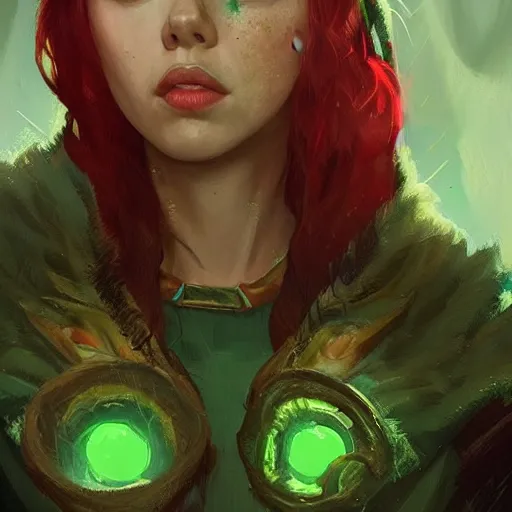 Prompt: scarlet Johansson as a elf Druid girl with red hair and glowing green eyes , trending on ArtStation , concept art by greg rutkowski