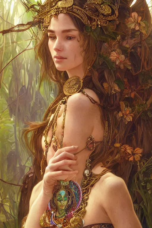 Image similar to ultra realistic illustration, bohemian girl in jungle wearing amulet of power, intricate, elegant, highly detailed, digital painting, artstation, concept art, smooth, sharp focus, illustration, art by artgerm and greg rutkowski and alphonse mucha