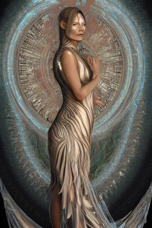 Prompt: a realistic portrait of a beautiful ancient alien woman goddess kate moss standing in iris van herpen dress jewelery and fractals in style of alphonse mucha art nuvo dmt trending on artstation made in unreal engine 4