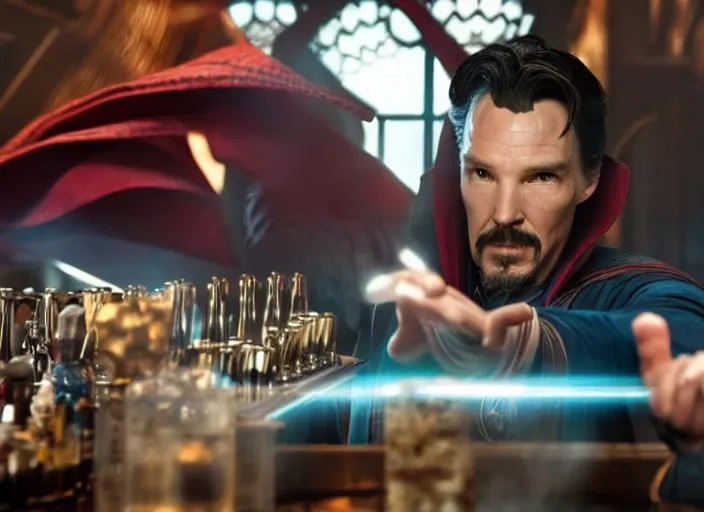 Image similar to film still of Doctor Strange working as a bartender in the new Avengers movie, 4k