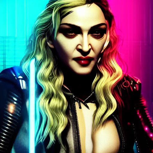 Prompt: madonna portrait, Cyberpunk 2077, photorealistic, ultra detailed, cybernetic head, neon, octane, bokeh, cyber, cyber style, feature, scars, cyberface, 8k