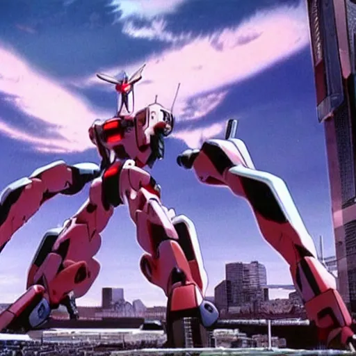 Prompt: giant evangelion robot destroying a futuristic city, anime