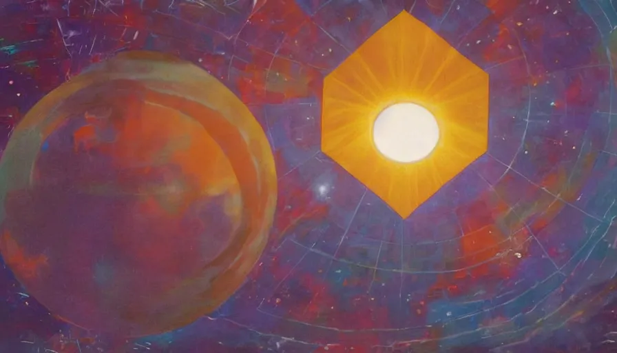 Prompt: the sun being blocked by a hexagon in space, planet earth in the foreground, art deco painting