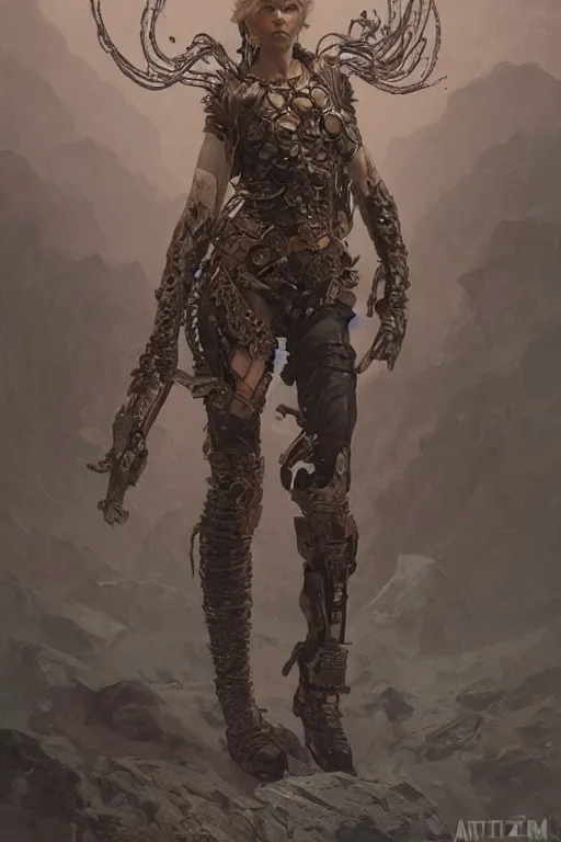 Image similar to a full body portrait of a beautiful post apocalyptic offworld nordic bounty hunter dancing reposed by the magma pits, intricate, elegant, highly detailed, digital painting, artstation, concept art, smooth, sharp focus, illustration, art by krenz cushart and artem demura and alphonse mucha