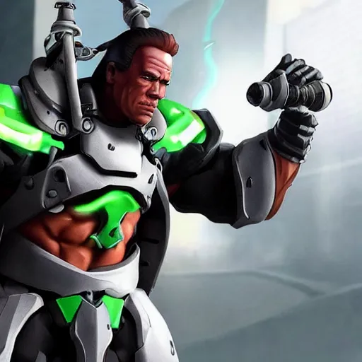 Image similar to a screenshot of arnold schwarzenegger as genji in overwatch