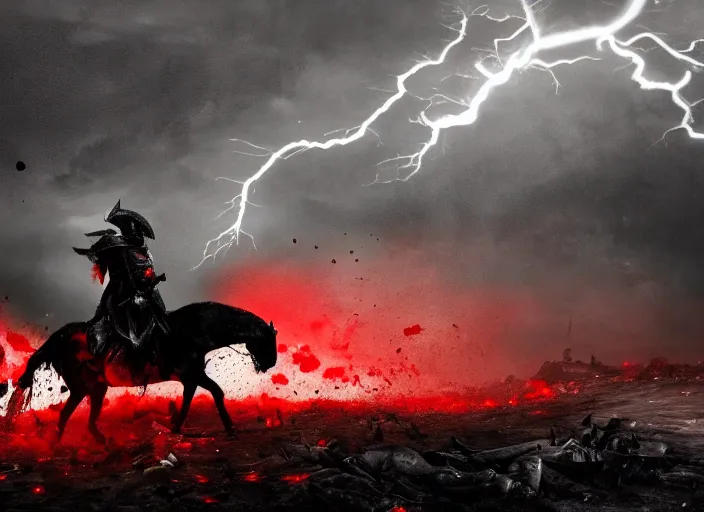 Image similar to a large man in full plate black armor splattered in blood while steaming rising from body, riding a large black horse with red glowing eyes, red shadowy wisps emanating from hair and eyes, blackened clouds cover sky crackling with lightning, rain in the distance, castle in flames and ruins, the ground is dark and cracked,