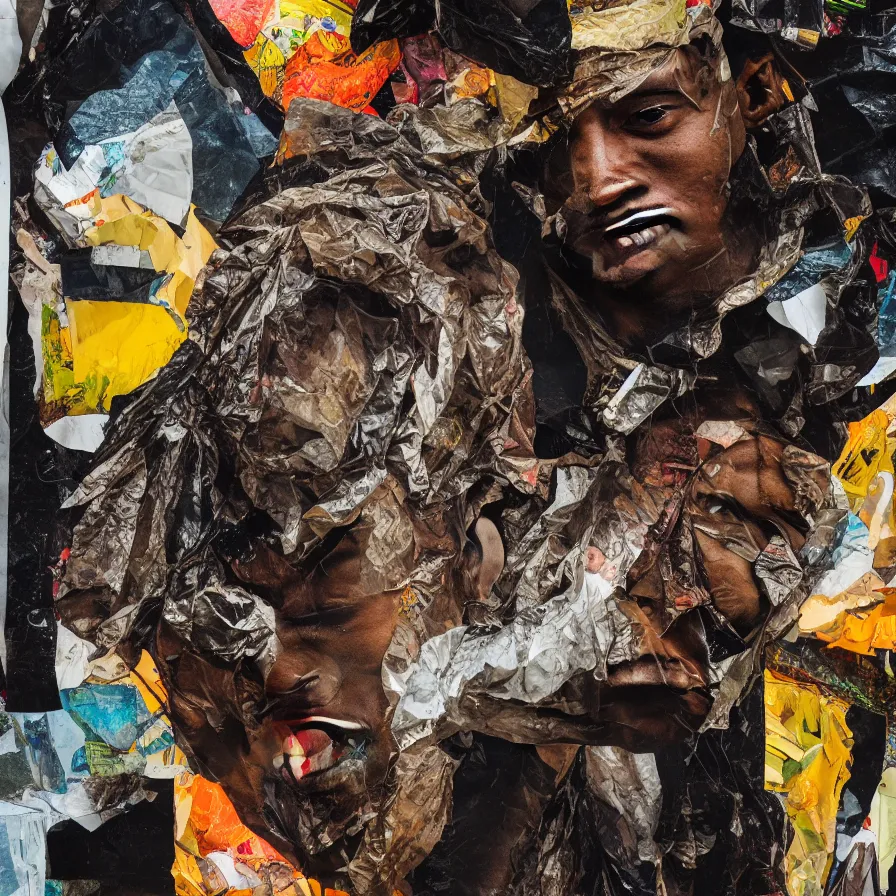 Image similar to rendered in blender travis scott with a trash bag on his head, collage paper and tape, acrylic on canvas, hyperrealism mixed with expressionism, high resolution, cinematic, unreal 6, breathtaking detailed, by blake neubert