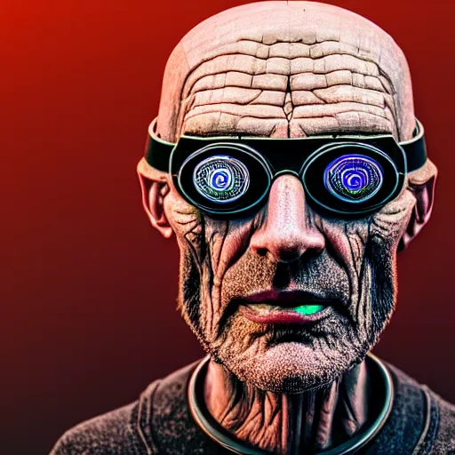 Image similar to Colour Photography of 1000 years old man with highly detailed 1000 years old face wearing higly detailed cyberpunk VR Headset. in style of Josan Gonzalez