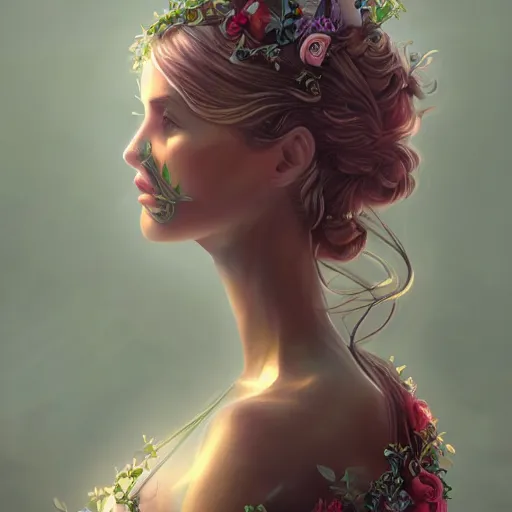 Prompt: A gorgeous young woman plant hybrid, vine and plants and flowers, intricate, digital painting, highly detailed, concept art, Artstation, Cgsociety, Artgerm, cinematic lighting