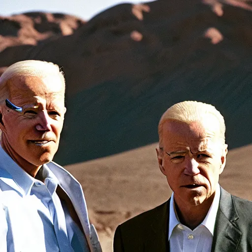 Prompt: Joe Biden and walter white holding ziploc bags of crystal blue meth, in the desert, film still, 4k, photorealistic, hd