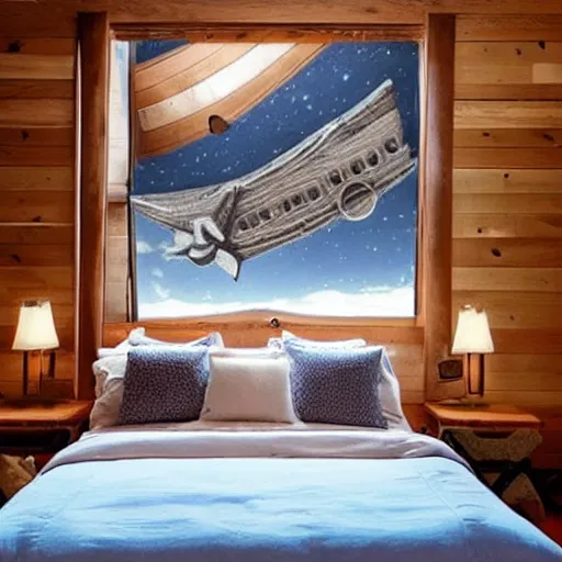 Prompt: Cozy bedroom aboard a flying ship twilight stars soft bed blankets wood paneling hyperrealism