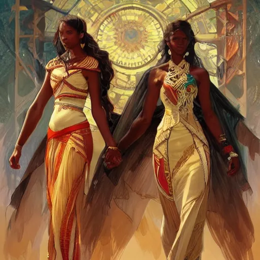 Image similar to three beautiful Zulu holding hands , intricate, elegant, highly detailed, digital painting, artstation, concept art, smooth, sharp, focus, illustration, art by artgerm and greg rutkowski and alphonse mucha