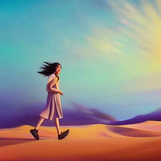 Image similar to portrait, giant purple dahlia flower head, girl walking between dunes, surreal photography, sunrise, blue sky, dramatic light, impressionist painting, digital painting, artstation, simon stalenhag