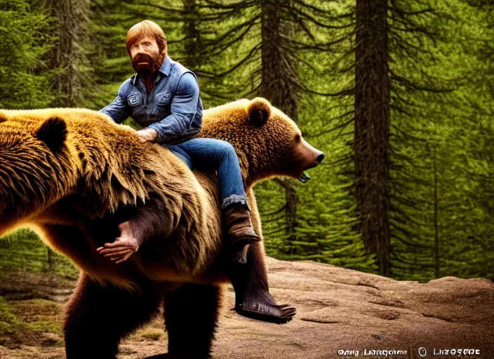 Image similar to photo of chuck norris riding his grizzly bear, in the forest. fantasy magic style. highly detailed 8 k. intricate. life - like. soft light. sony a 7 r iv 5 5 mm.