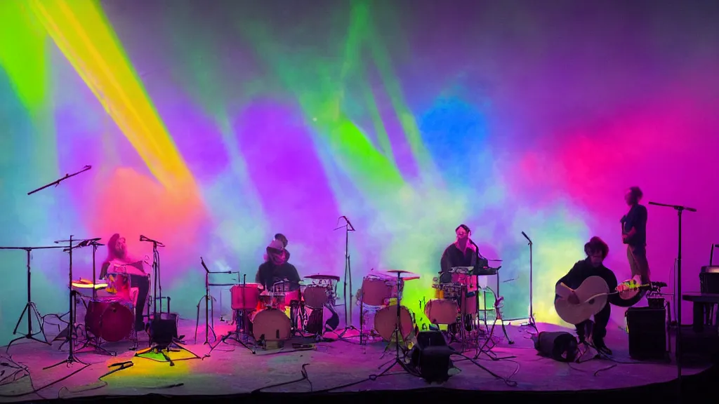 Prompt: a music stage with instruments, drums, colored spot lights cut through the fog by roder dean and greta socha and pablo dominguez.