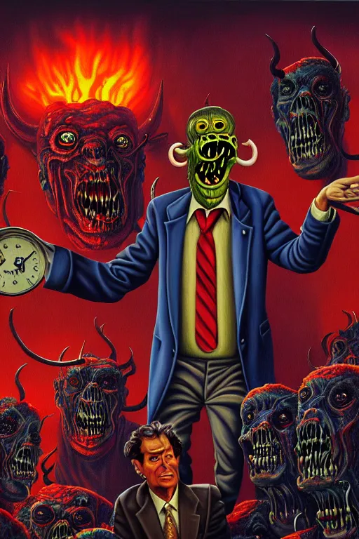 Image similar to a hyperrealistic painting of a news reporter interviewing monsters at the gates of hell, cinematic horror by jimmy alonzo, the art of skinner, chris cunningham, lisa frank, richard corben, highly detailed, vivid color,