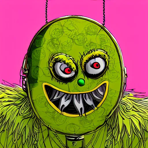 Image similar to a tennis ball monster with angel halo and wings, golden chain necklace, balaclava, tennis ball, urban, hip hop, rap, colorful, digital art, fantasy, magic, trending on artstation, ultra detailed, professional illustration by Basil Gogos