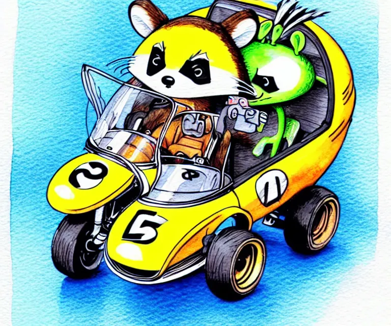 Image similar to cute and funny, racoon wearing a helmet riding in a tiny merlyn formula ford, ratfink style by ed roth, centered award winning watercolor pen illustration, isometric illustration by chihiro iwasaki, edited by range murata