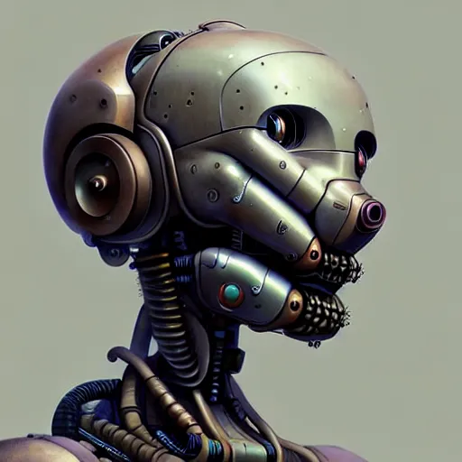 Prompt: detailed concept art of a diesel punk robot portrait, muted color palette, trending on artstation, award - winning video game concept art by jim burns and greg rutkowski, beksinski, a sci - fi concept art masterpiece, james gilleard, bruegel, alphonse mucha, and yoshitaka amano.