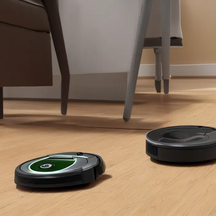 Prompt: A Roomba with 4 long robotic legs, 3D product advertising, 3D professional advertising, studio quality