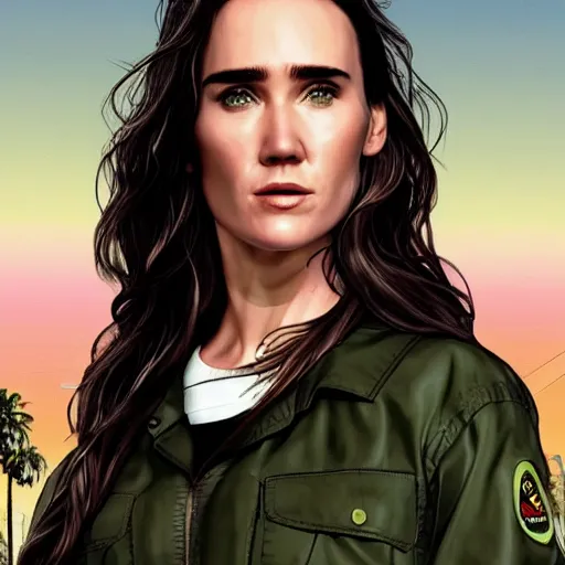 Prompt: of jennifer connelly in the style of gta v cover art