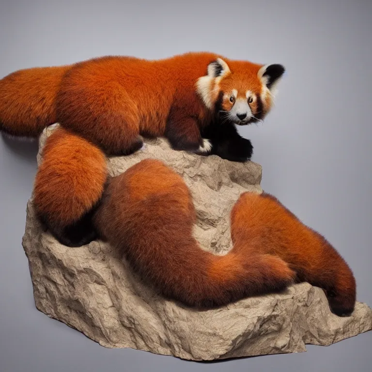 Prompt: hyperrealistic sculpture of the fossilized remains of a giant red panda with some flesh attached on a pedestal by ron mueck and duane hanson and damien hirst, hyperrealistic dramatic colored lighting trending on artstation 8 k