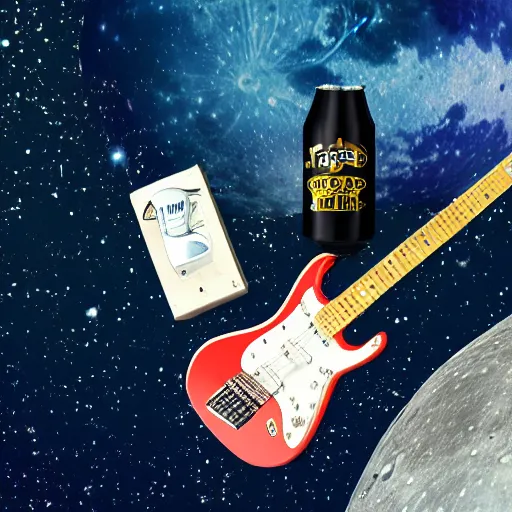 Image similar to a photo of a detailed, realistic, idle, regular sized electric guitar next to a beer can on the moon. detailed photo. realistic photo