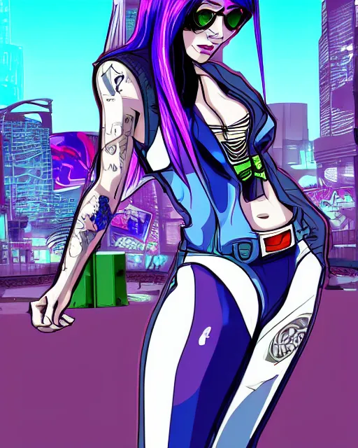 Image similar to cel shaded art of a pretty blue haired girl standing next to a purple lamborghinil, jet grind radio graphics, cyberpunk city street background