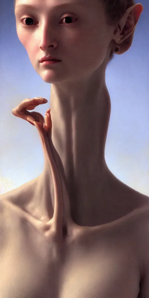 Image similar to A beautiful female alien face with a very long neck, alien is from the future, Realistic, Refined, Detailed Digital Art, Oil Painting, William-Adolphe Bouguereau, Pre-Raphaelite,Renaissance, Highly Detailed, Cinematic Lighting, Unreal Engine, 8K