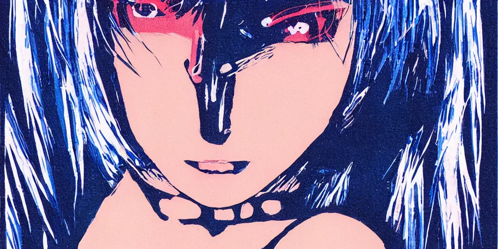 Prompt: a close - up grainy risograph painting of cyberpunk japanese model girl with black eyes and pretty face wearing latex catsuit and lots of transparent and cellophane accessories, blue hour, twilight, by moebius and lehr paul