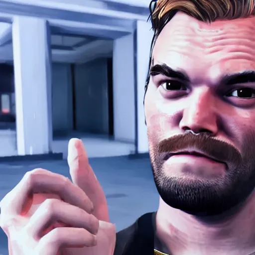 Image similar to Pewdiepie as a Grand Theft Auto character, Hyperrealistic, highly detailed, ornate and intricate, sharp, 8k, rendered in Unreal Engine 5