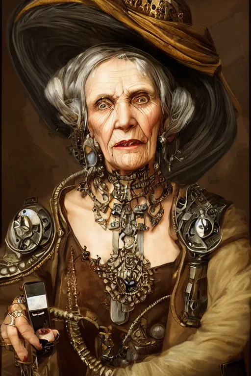 Image similar to portrait, headshot, digital painting, of a old 17th century, old lady cyborg merchant, amber jewels, techno circuit tatoos, baroque, ornate clothing, scifi, futuristic, realistic, hyperdetailed, chiaroscuro, concept art, art by Waterhouse