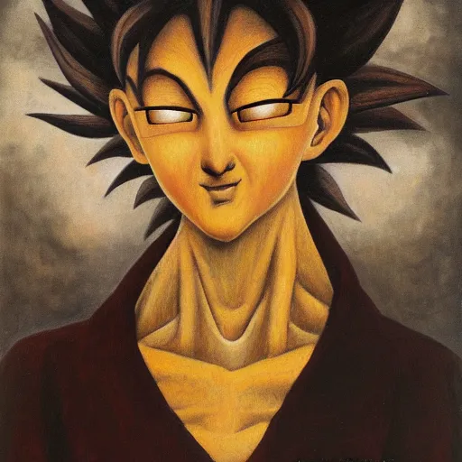 Prompt: by Remedios Varos, Goku from Dragon Ball Z, portrait, oil painting, high resolution, MET collection, Louvre