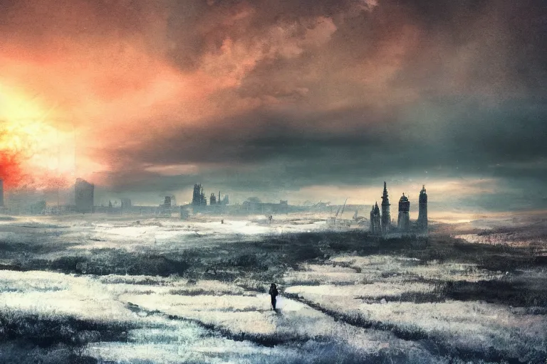 Prompt: nuclear winter, london, near future, fantasy, sci - fi, hyper realistic, serene, sunset.