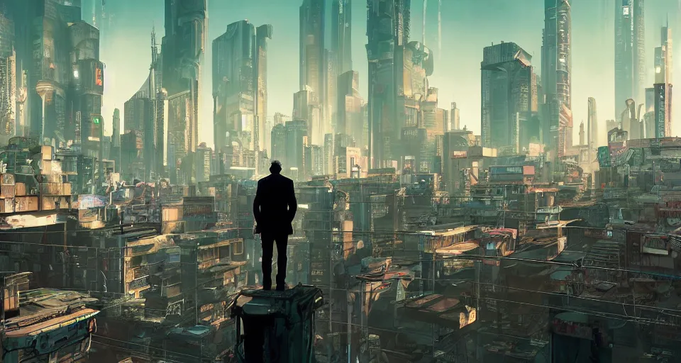 Prompt: a lone detective stands on a rooftop of a cyberpunk city