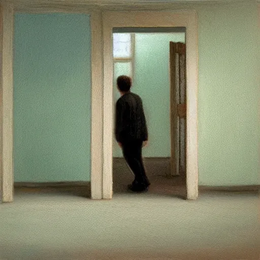 Prompt: a man wandering around a series of empty pastel coloured rooms incredibly confused oil painting